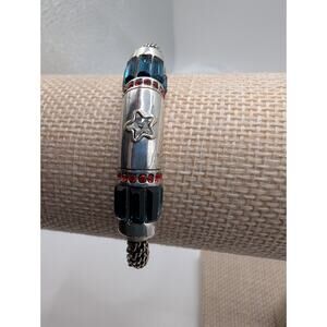 Brighton Silver Mesh Bracelet Blue Red Crystal Star Accent 7.5 Inch patriotic